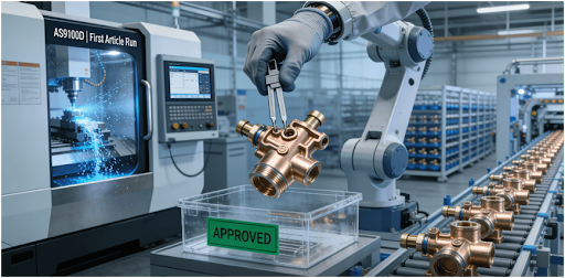 A robotic arm transfers a precision-machined bronze aerospace component from a CNC machine into a First Article Inspection box, symbolizing the seamless, certified transition from prototyping to volume manufacturing.