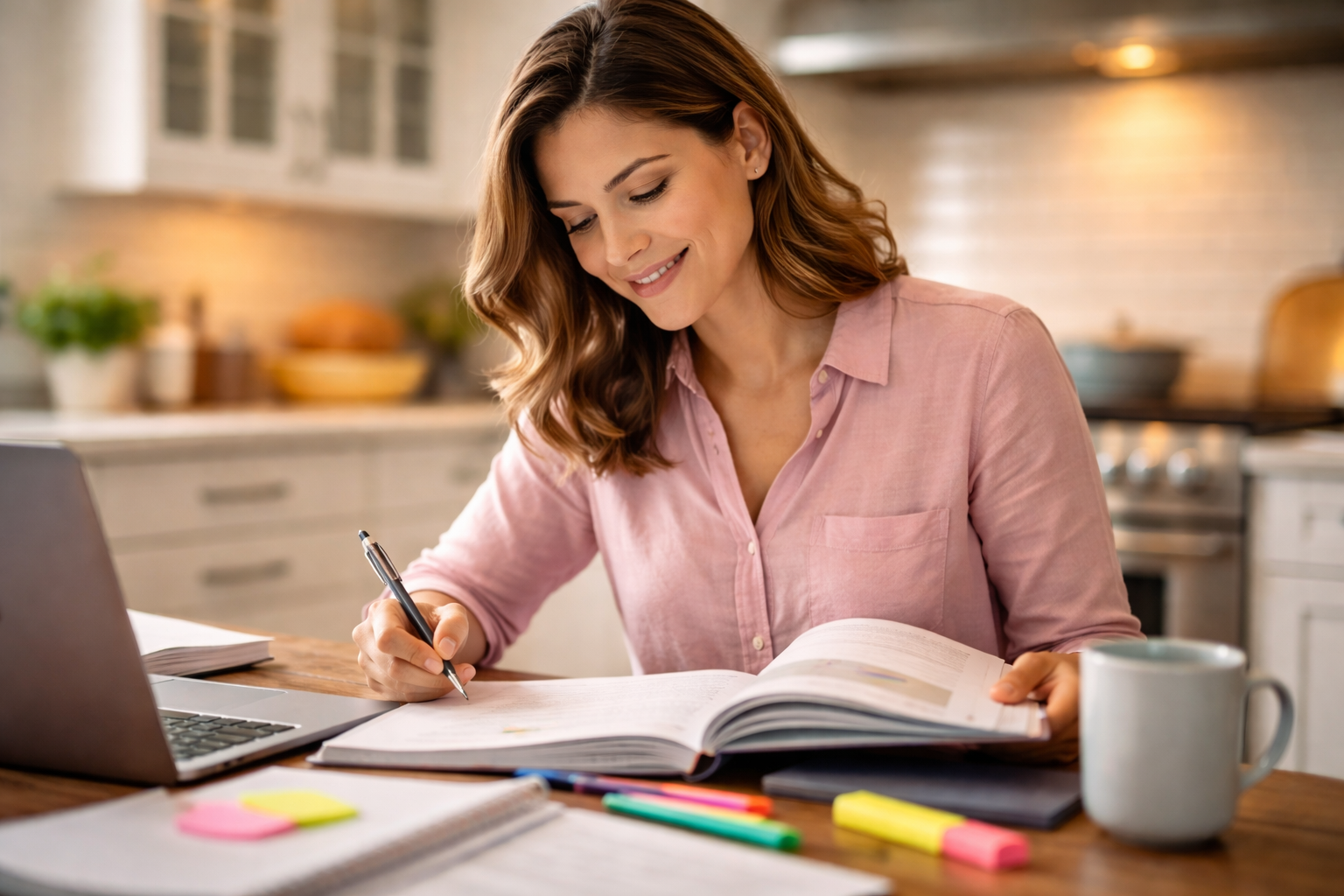 A mother reviewing study materials at a kitchen table with school supplies and a homestead backdrop visible through the window