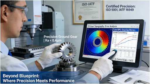 An engineer in a modern lab places a high-precision, ground gear onto a Gear Measuring Center (GMC). The GMC screen displays a real-time 3D color map of the gear's topography and Statistical Process Control (SPC) charts, with precision manufacturing equipment and certifications visible in the background.